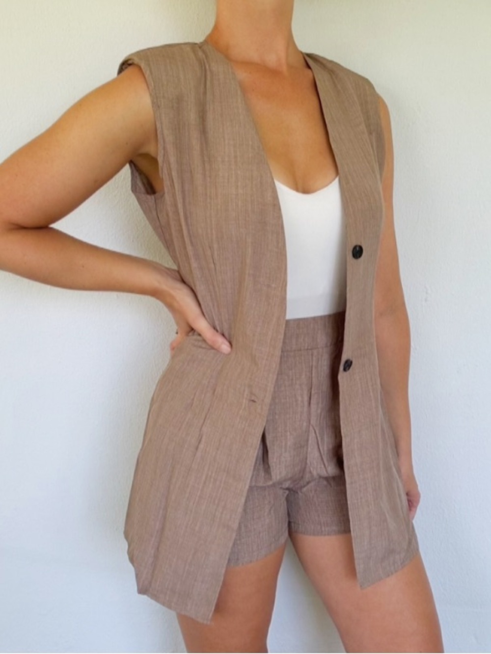 SHEIN tan matching longline sleeveless blazer vest top and shorts set small